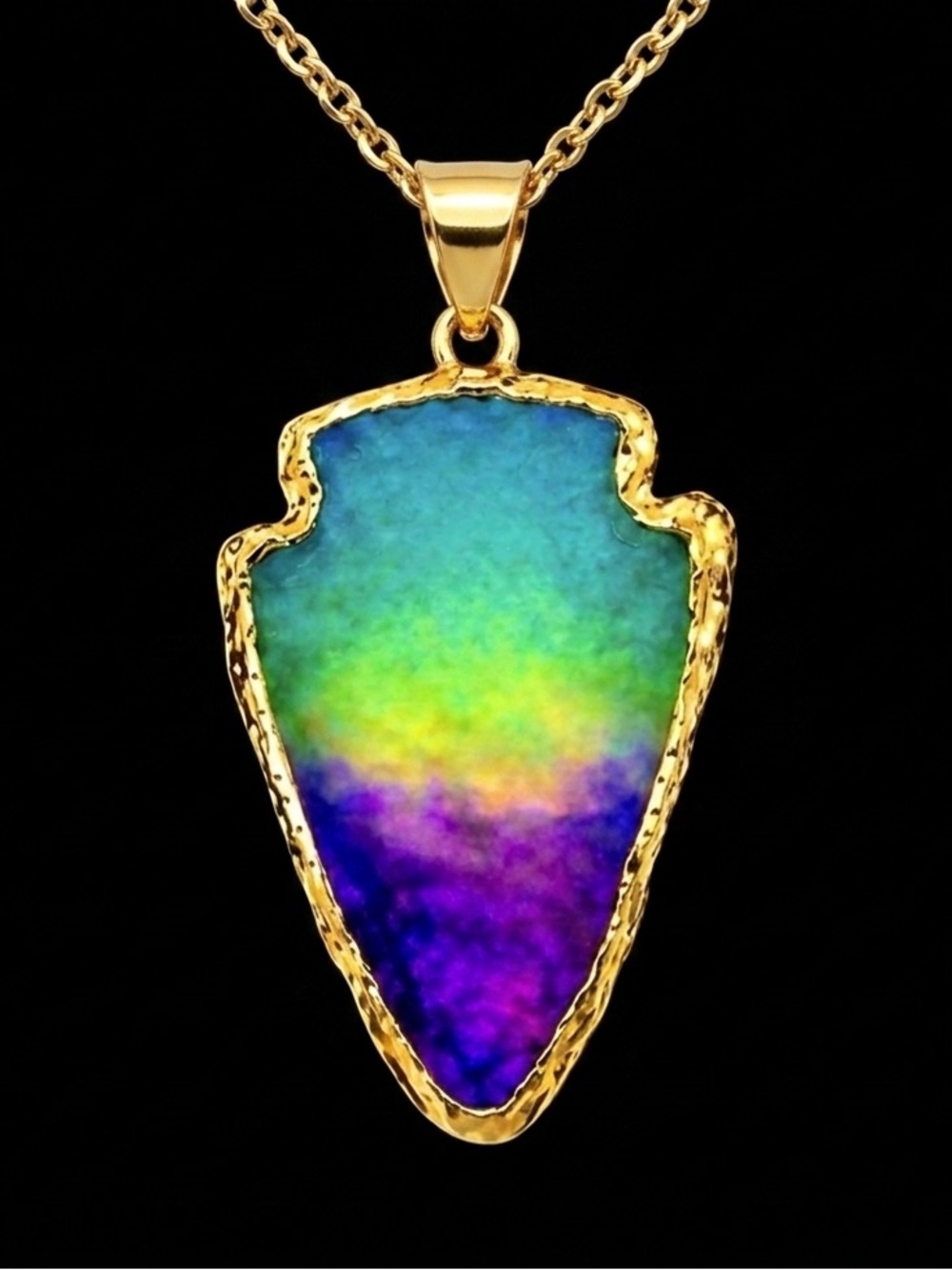 Ombre Arrowhead- Angel Aura Rainbow Quartz Striking Tip Point Head Gold Necklace